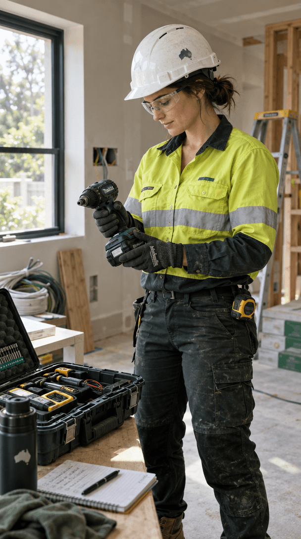 An electrician checking tools at a residential worksite.