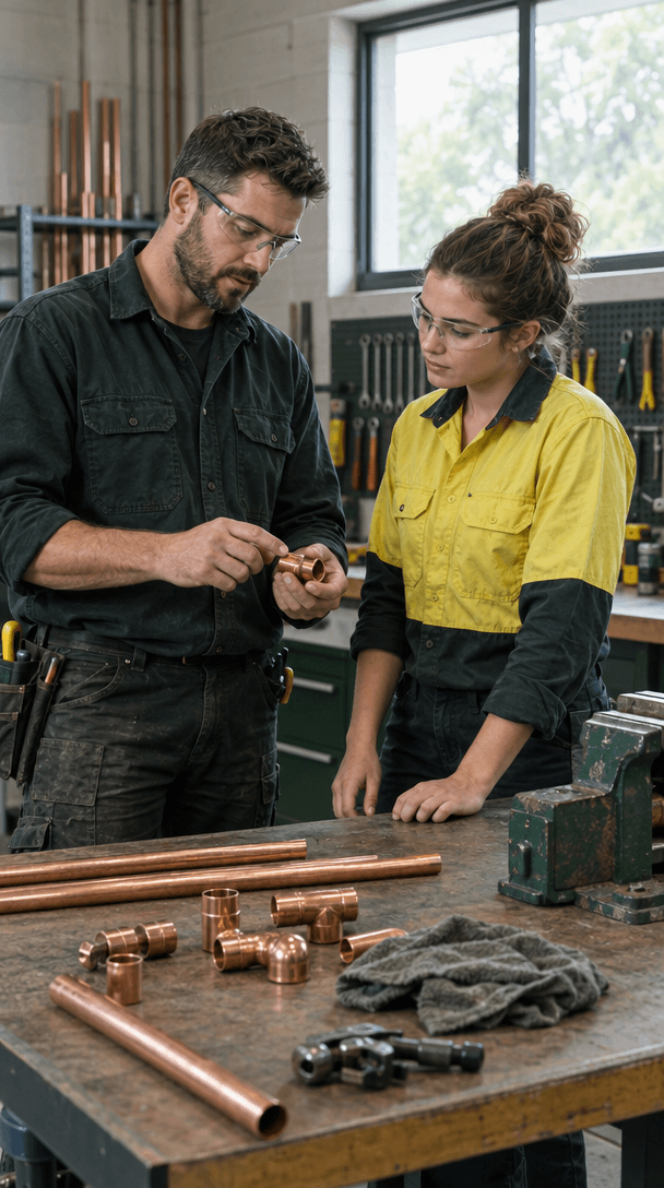 A plumber and apprentice discussing a pipe fitting at a workbench.